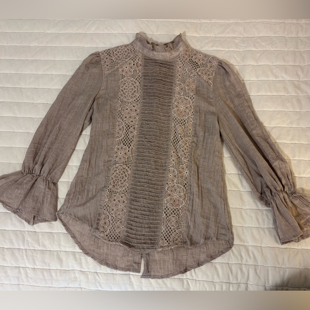 Sundance Catalog Bohemian Ruffle Neck Button-Down-Back Long Puff Sleeve Top